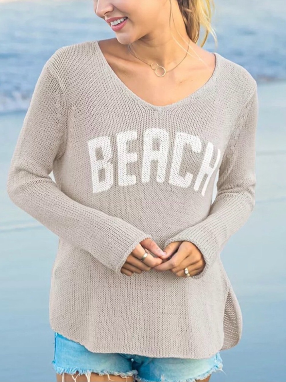Wooden Ships Graphic ‘BEACH’ Khaki & White Cotton Blend V-Neck Sweater M/L